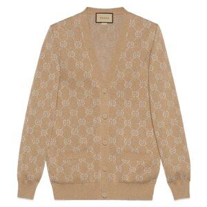 Gucci Lamé Gold GG Logo Jacquard Cardigan XL